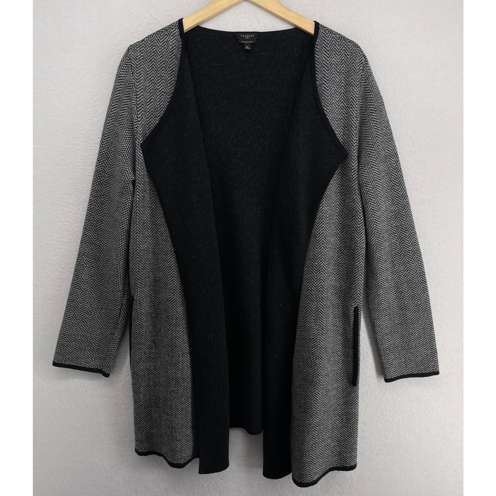 TALBOTS Cardigan 1X Plus Open Drape Front Sweater Coat Merino Wool Chevron Black